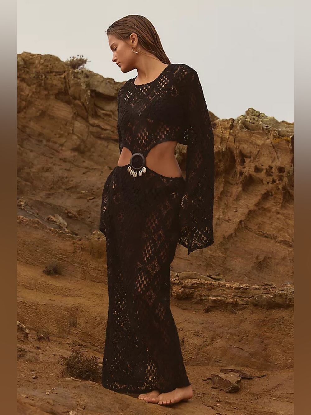 Anthropologie Black Crochet Swim Coverup Dress with Ring Detail Size Small NWT